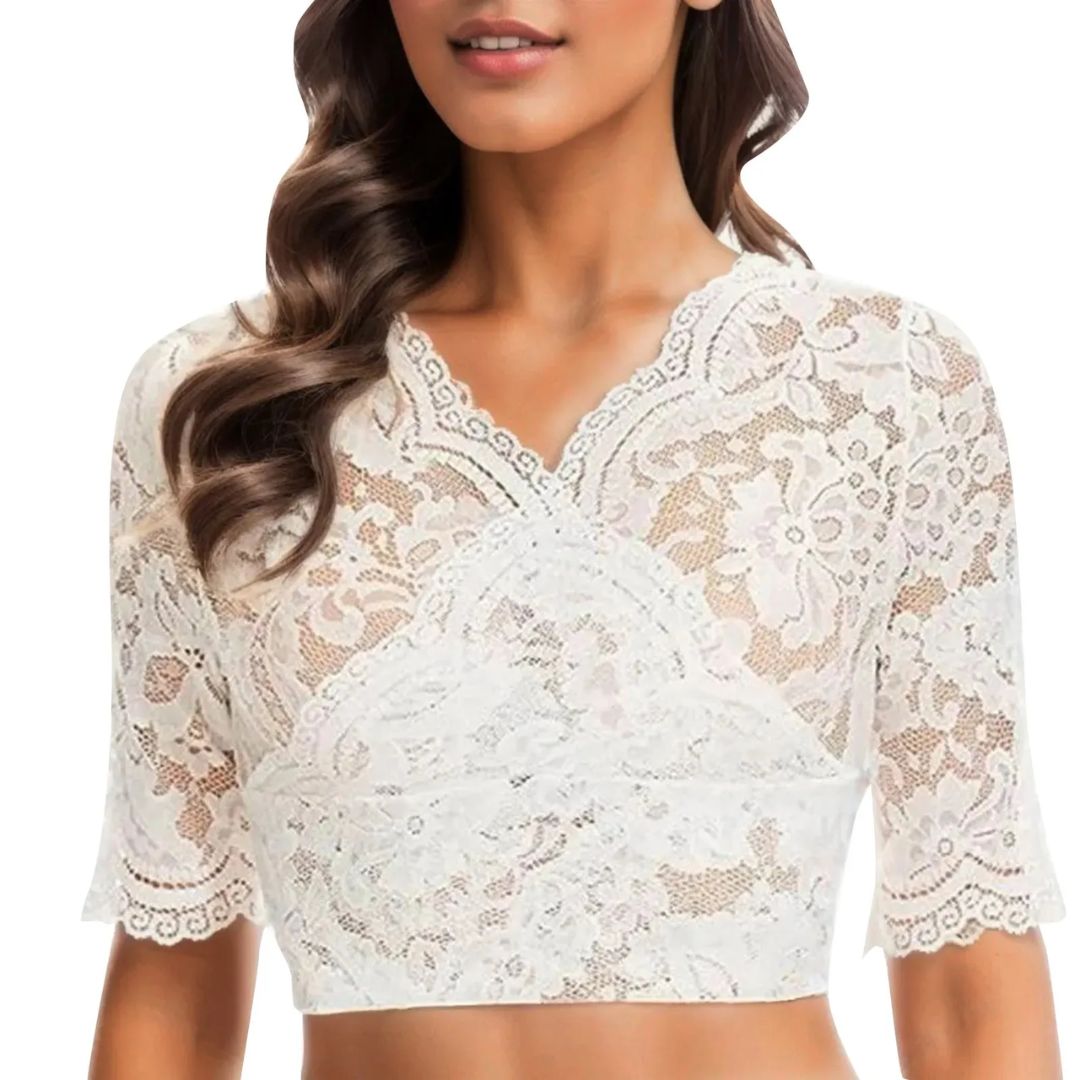 Lace Dirndl Blouse - Black & White V-Neck Crop Top - Nalani - Fashion Clothing and Decor