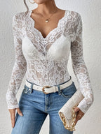 Lace V Neck Blouse With Long Sleeves For Elegant Evening - Nalani - UK and AUS Fashion Clothing and Decor