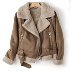 Leather Jacket With Belted Hem And Zipper Closure Shearling Trim - Nalani - UK Fashion Clothing and Decor