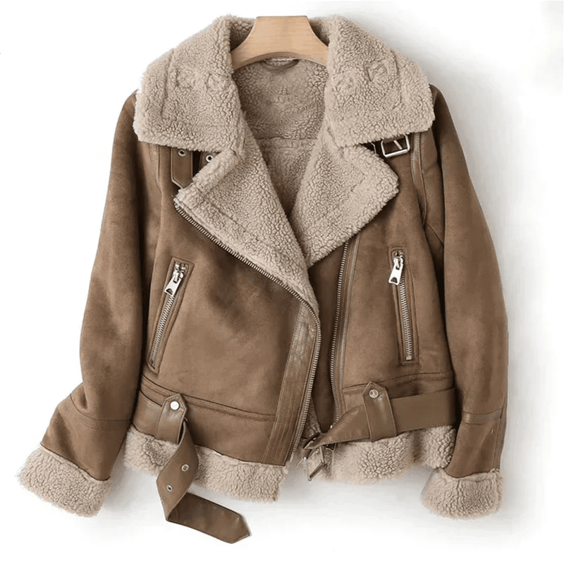 Leather Jacket With Belted Hem And Zipper Closure Shearling Trim - Nalani - UK Fashion Clothing and Decor