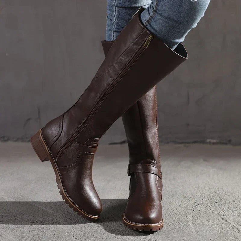 Leather Look Knee High Boots With Buckle Strap And Sleek Fit - Nalani - UK Fashion Clothing and Decor