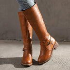 Leather Look Knee High Boots With Buckle Strap And Sleek Fit - Nalani - UK Fashion Clothing and Decor