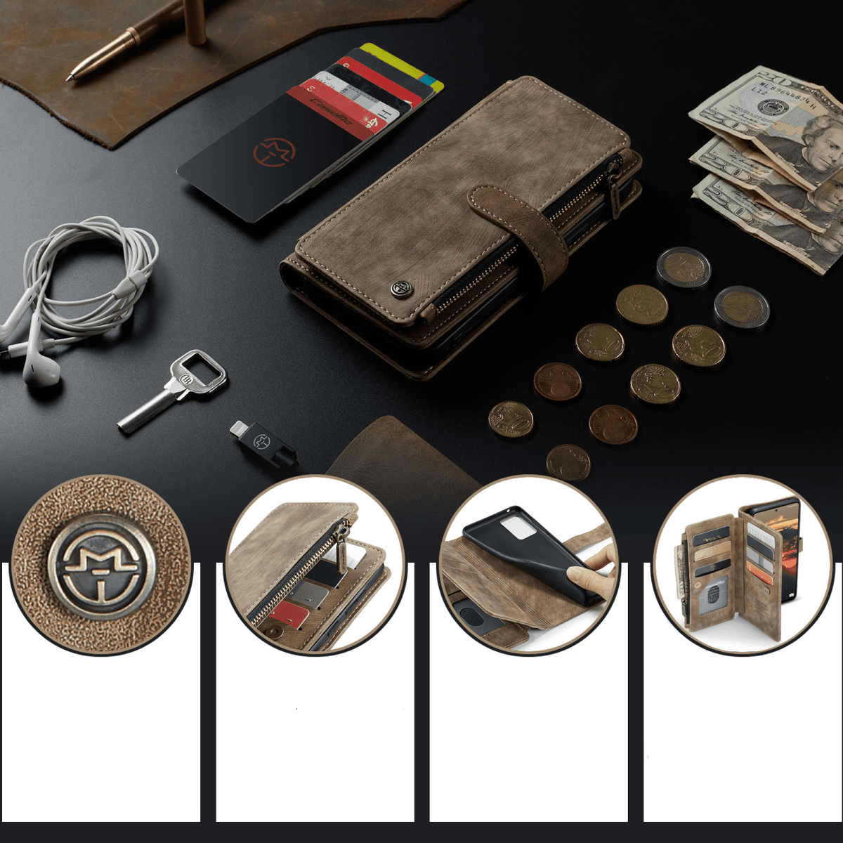 Leather Zipper Wallet Case For A Series Phones With Cards - Nalani - UK Fashion Clothing and Decor