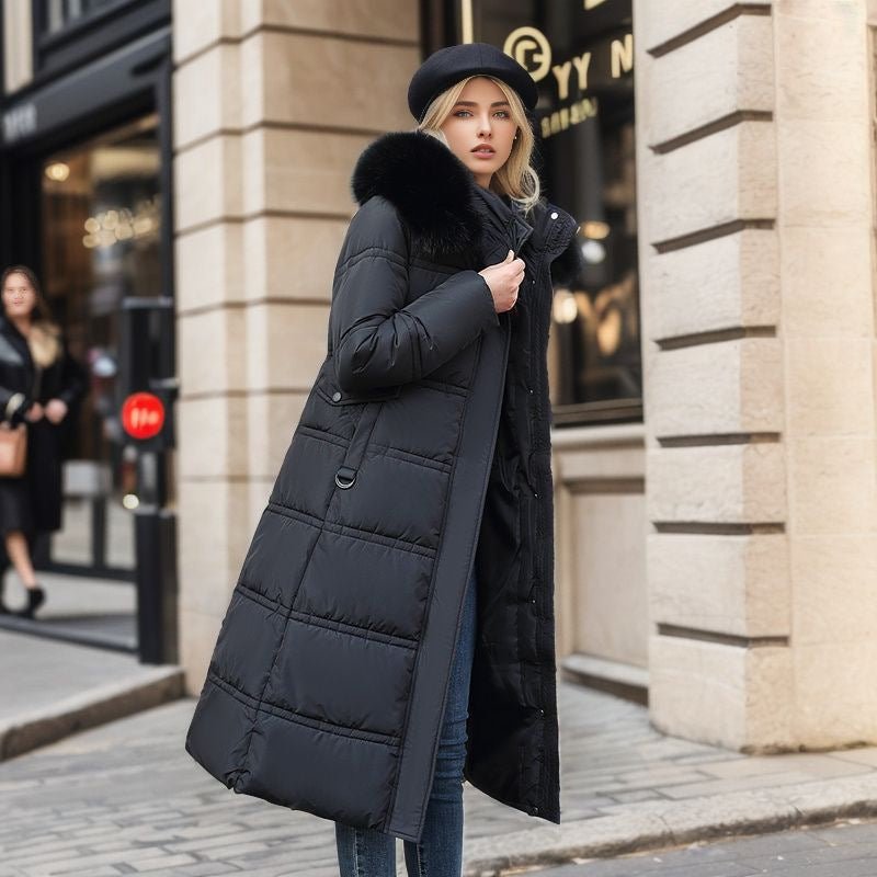 Long Winter Coat For Women With Fur Collar And Belt - Nalani - UK Fashion Clothing and Decor