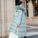 Long Winter Coat For Women With Fur Collar And Belt - Nalani - UK Fashion Clothing and Decor