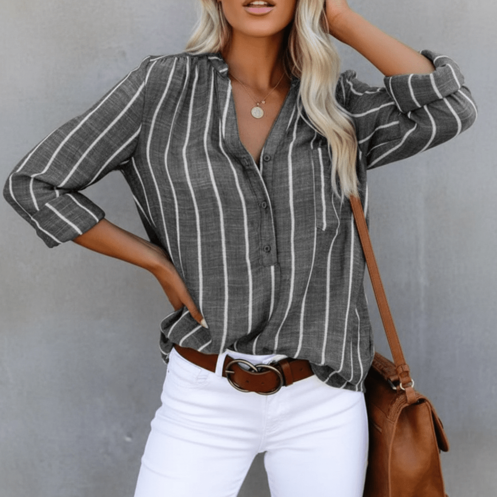 Lunelle Stripe Summer Shirt Soft Cotton Light Breathable V Neck - Nalani - Fashion Clothing and Decor