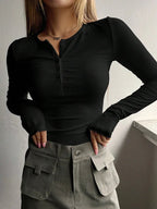 Luxe Rib Henley Top In Soft Sweater Yarn With Rib Stitch Details - Nalani - Fashion Clothing and Decor