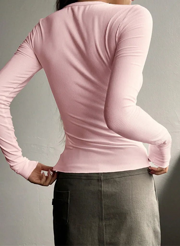 Luxe Rib Henley Top In Soft Sweater Yarn With Rib Stitch Details - Nalani - Fashion Clothing and Decor