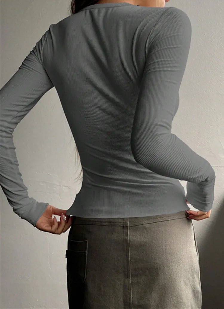 Luxe Rib Henley Top In Soft Sweater Yarn With Rib Stitch Details - Nalani - Fashion Clothing and Decor