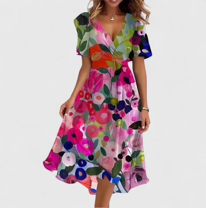 Madison | Elegant Short Dress Floral Print Cinched Waist V Neck Flowy Hem For Party And Daywear - Nalani - Fashion Clothing and Decor