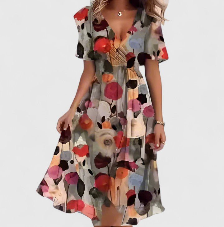 Madison | Elegant Short Dress Floral Print Cinched Waist V Neck Flowy Hem For Party And Daywear - Nalani - Fashion Clothing and Decor