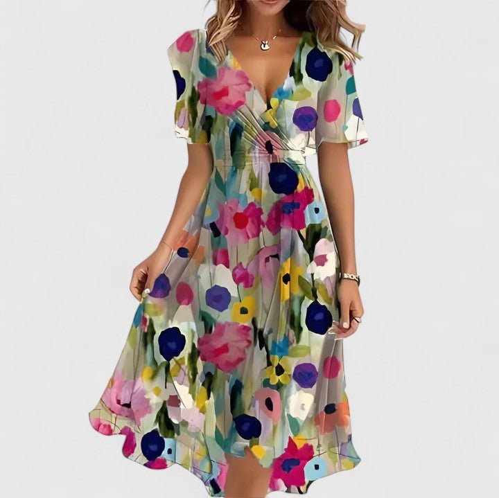 Madison | Elegant Short Dress Floral Print Cinched Waist V Neck Flowy Hem For Party And Daywear - Nalani - Fashion Clothing and Decor