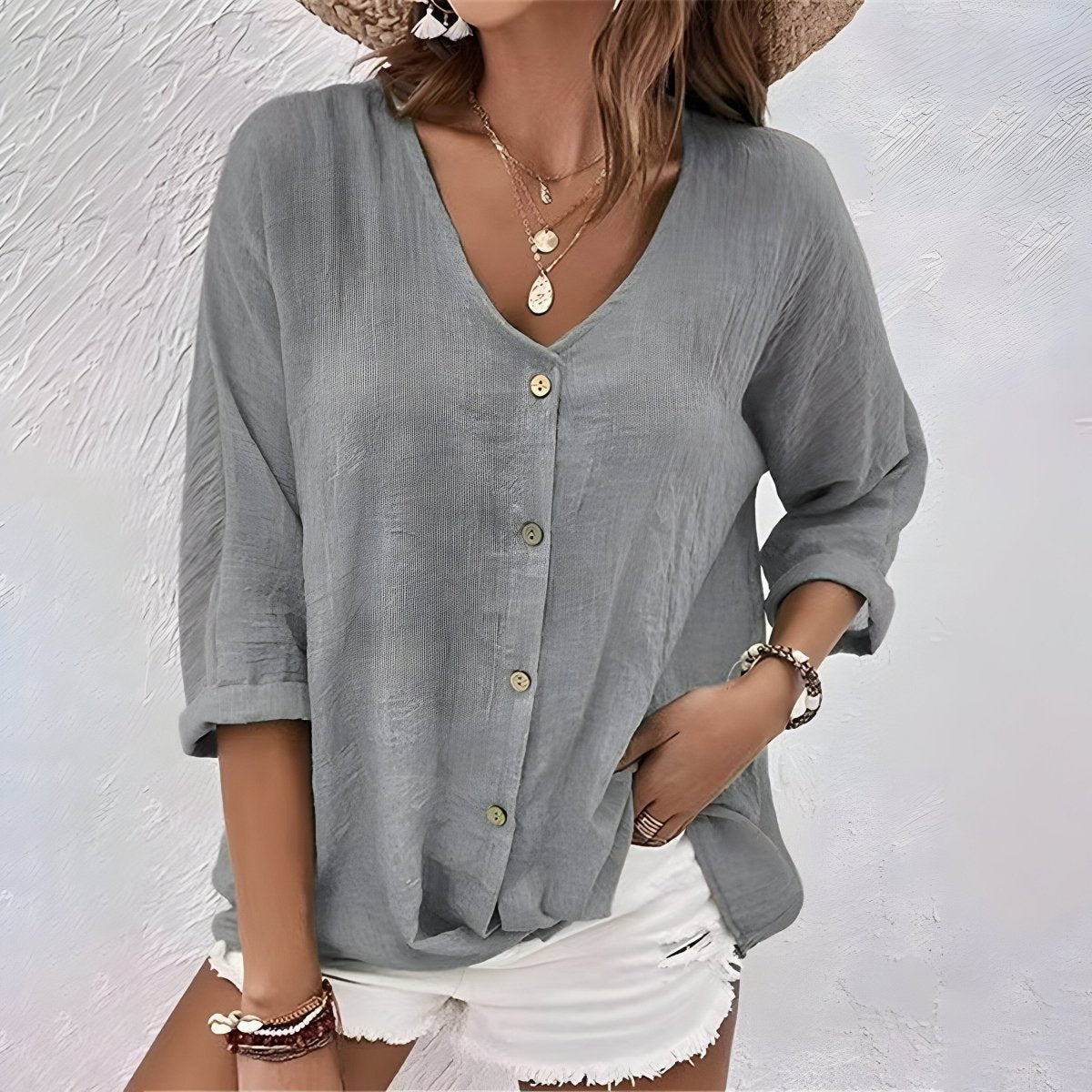 Marcia | Relaxed Button - Up Blouse Breezy Fit With Soft V - Neck - Nalani - Fashion Clothing and Decor