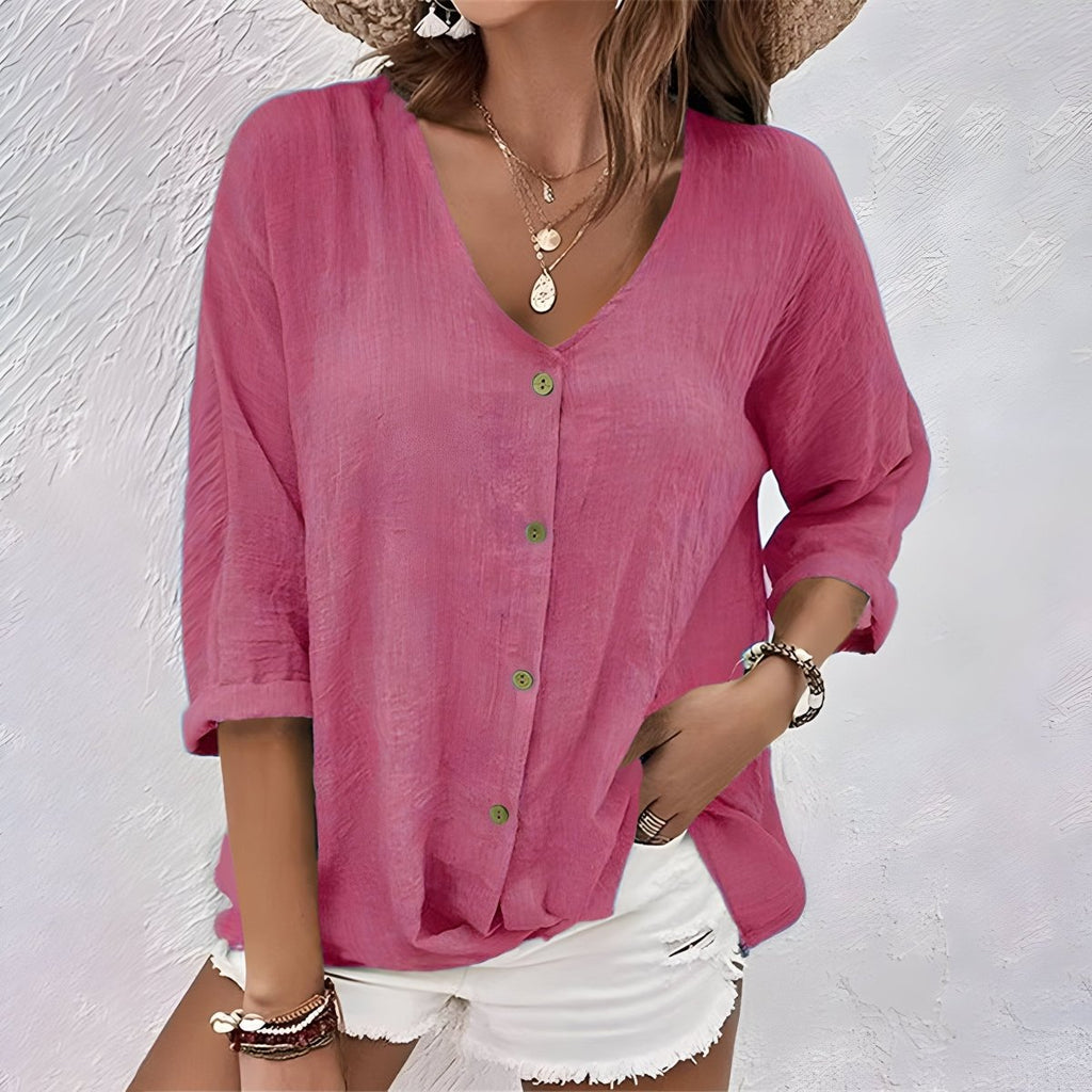 Marcia | Relaxed Button - Up Blouse Breezy Fit With Soft V - Neck - Nalani - Fashion Clothing and Decor