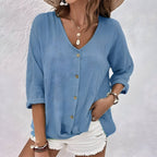 Marcia | Relaxed Button - Up Blouse Breezy Fit With Soft V - Neck - Nalani - Fashion Clothing and Decor