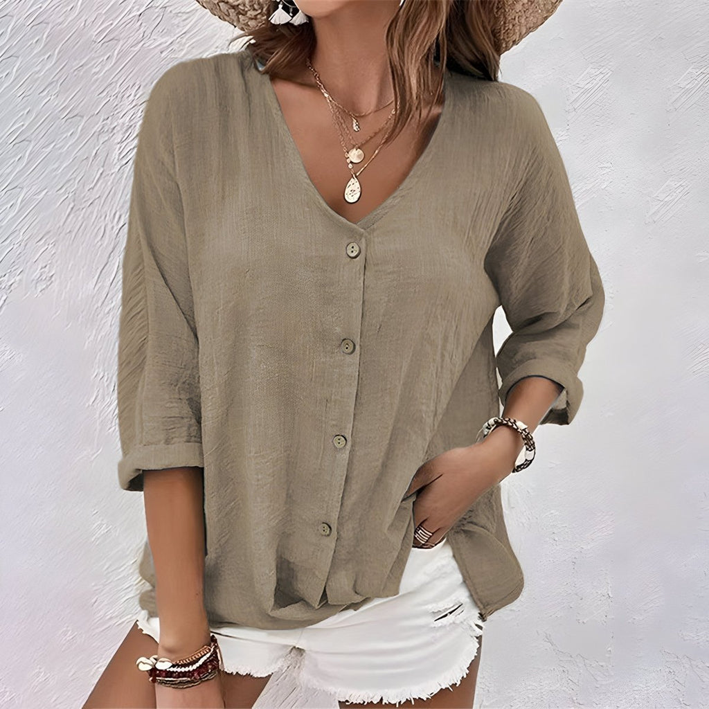 Marcia | Relaxed Button - Up Blouse Breezy Fit With Soft V - Neck - Nalani - Fashion Clothing and Decor