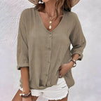 Marcia | Relaxed Button - Up Blouse Breezy Fit With Soft V - Neck - Nalani - Fashion Clothing and Decor