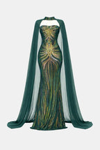 Marina | Sequin Cape Mermaid Evening Dress In Deep Green - Nalani - Fashion Clothing and Decor