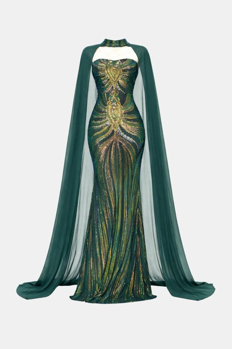 Marina | Sequin Cape Mermaid Evening Dress In Deep Green - Nalani - Fashion Clothing and Decor