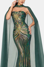 Marina | Sequin Cape Mermaid Evening Dress In Deep Green - Nalani - Fashion Clothing and Decor