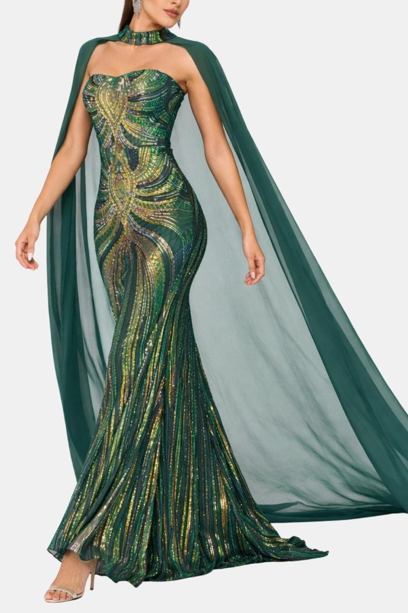 Marina | Sequin Cape Mermaid Evening Dress In Deep Green - Nalani - Fashion Clothing and Decor