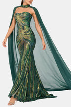 Marina | Sequin Cape Mermaid Evening Dress In Deep Green - Nalani - Fashion Clothing and Decor