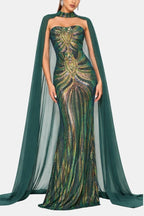 Marina | Sequin Cape Mermaid Evening Dress In Deep Green - Nalani - Fashion Clothing and Decor