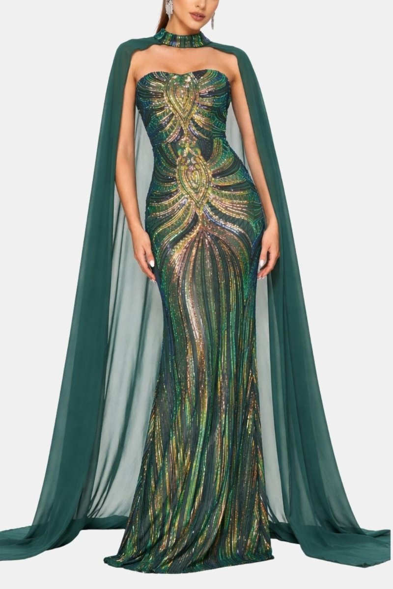 Marina | Sequin Cape Mermaid Evening Dress In Deep Green - Nalani - Fashion Clothing and Decor