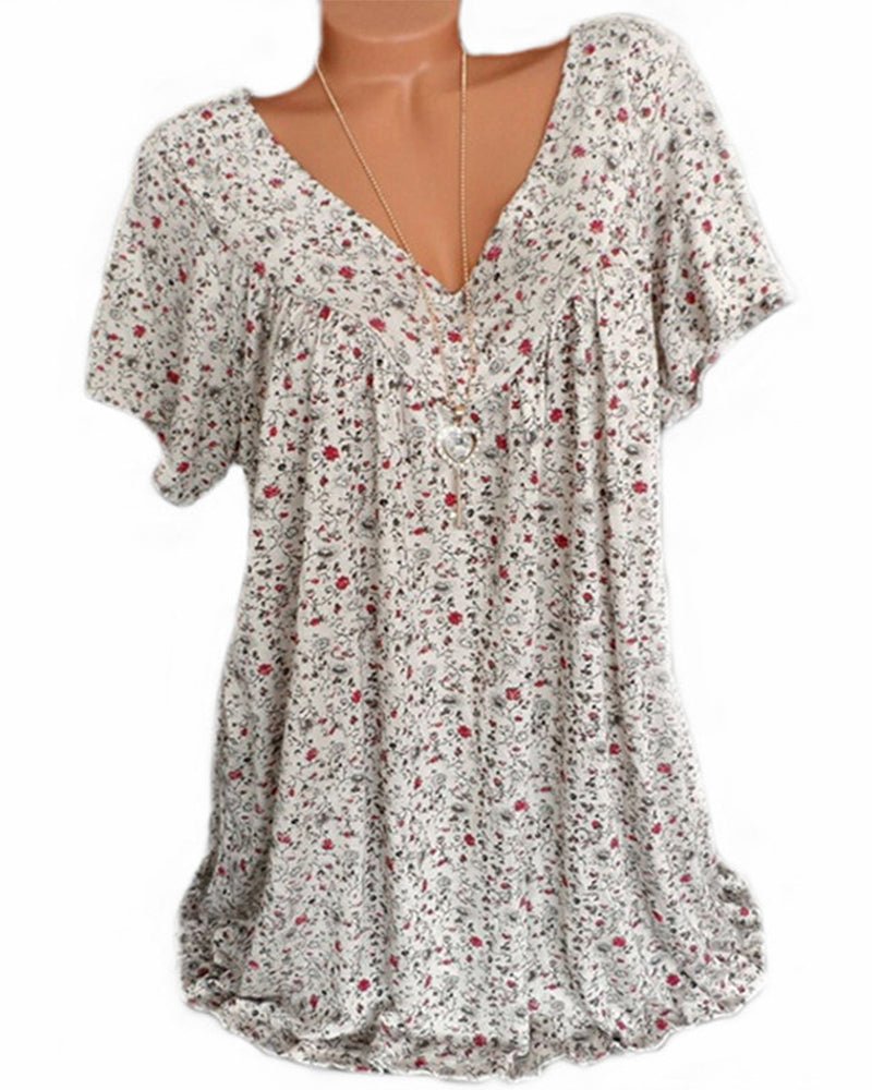 Maris | Women's floral blouse with short sleeves | V - neck - Nalani - Fashion Clothing and Decor