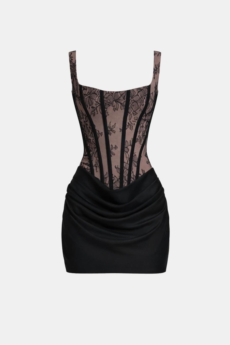 Melyna – Square Neck Corset Style Bodice Mini Dress Satin Overlay - Nalani - Fashion Clothing and Decor