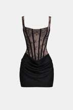 Melyna – Square Neck Corset Style Bodice Mini Dress Satin Overlay - Nalani - Fashion Clothing and Decor