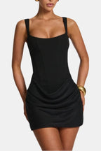 Melyna – Square Neck Corset Style Bodice Mini Dress Satin Overlay - Nalani - Fashion Clothing and Decor