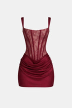 Melyna – Square Neck Corset Style Bodice Mini Dress Satin Overlay - Nalani - Fashion Clothing and Decor