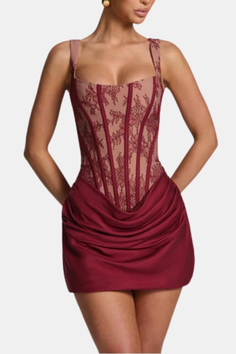 Melyna – Square Neck Corset Style Bodice Mini Dress Satin Overlay - Nalani - Fashion Clothing and Decor