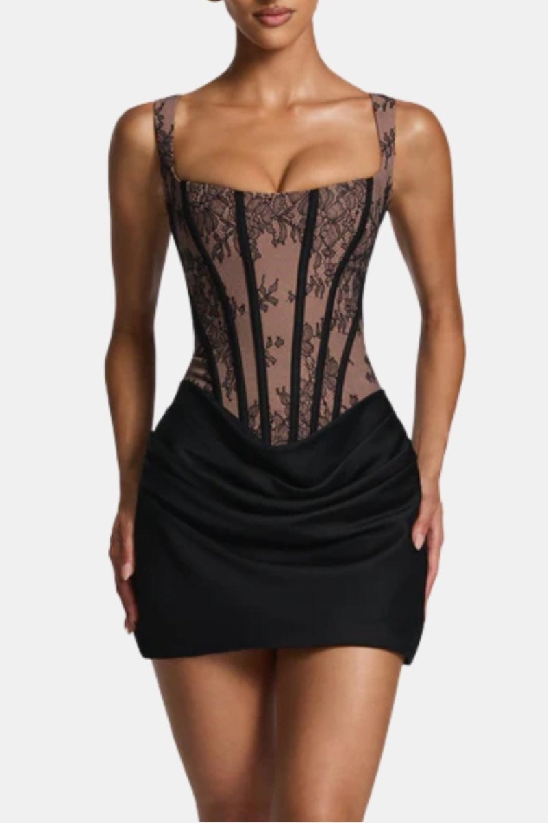 Melyna – Square Neck Corset Style Bodice Mini Dress Satin Overlay - Nalani - Fashion Clothing and Decor