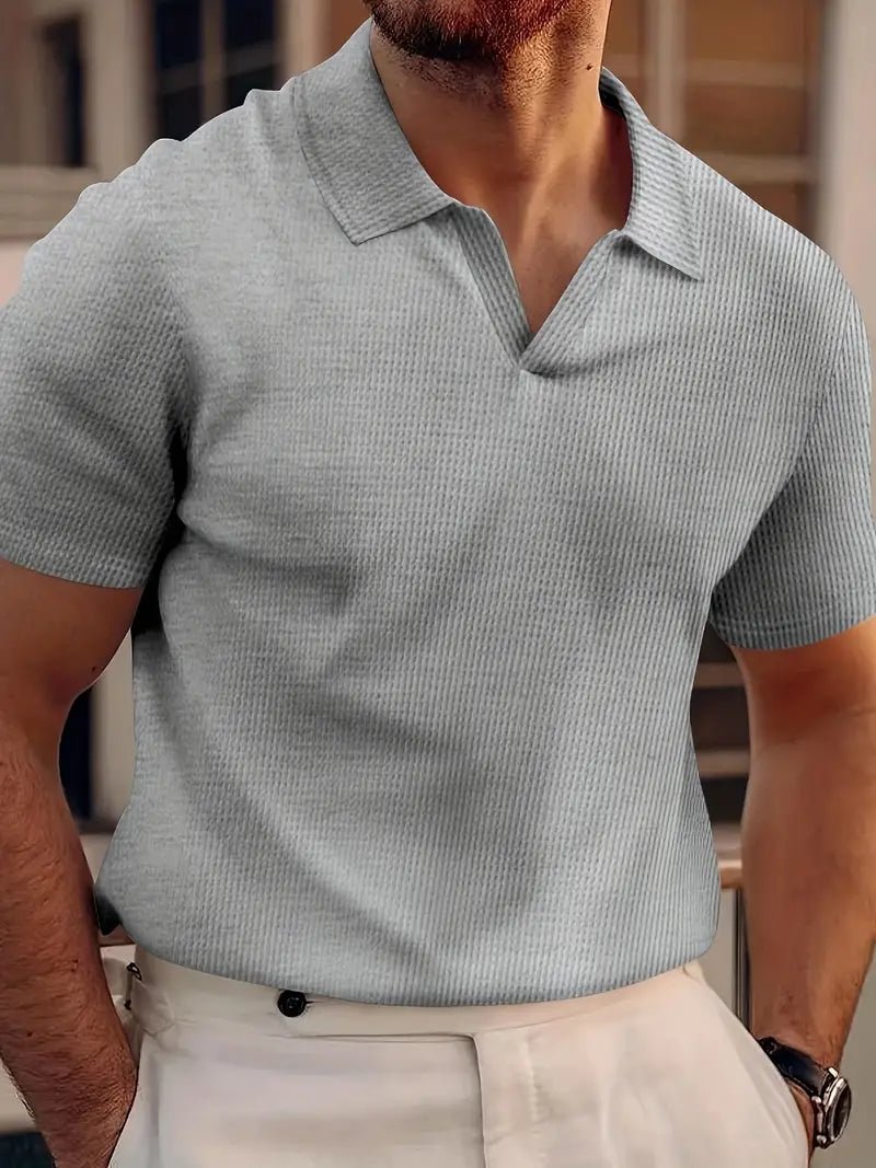 Men's Buttonless Short Sleeve Polo Shirt - Vertical Ribbed Pattern - Nalani - Fashion Clothing and Decor