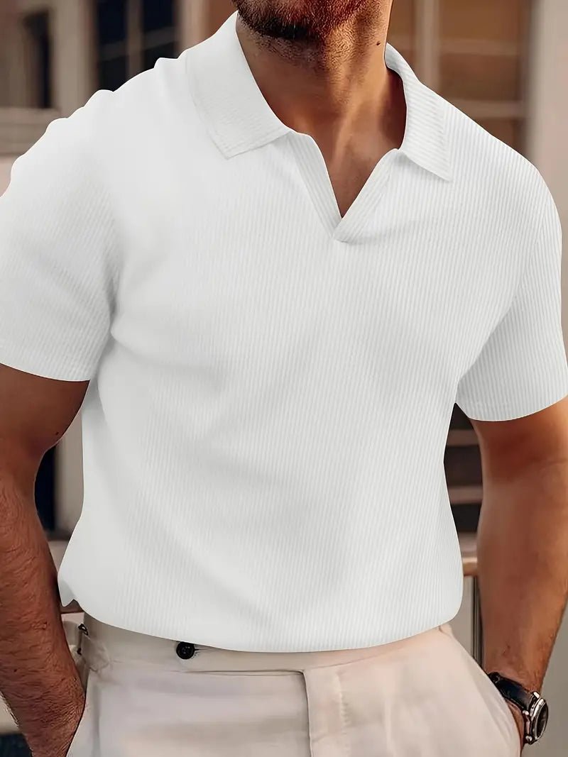 Men's Buttonless Short Sleeve Polo Shirt - Vertical Ribbed Pattern - Nalani - Fashion Clothing and Decor