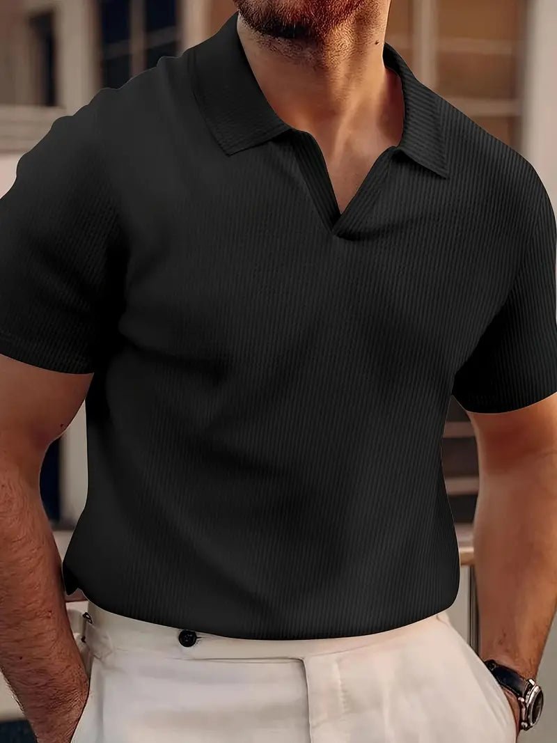 Men's Buttonless Short Sleeve Polo Shirt - Vertical Ribbed Pattern - Nalani - Fashion Clothing and Decor