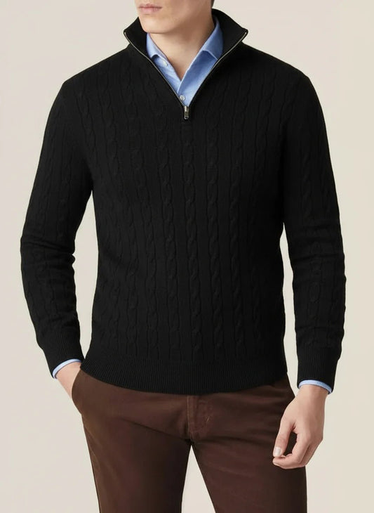 Mens Cable Knit Half Zip Jumper Stand Collar With Rib Trim - Nalani - UK Fashion Clothing and Decor