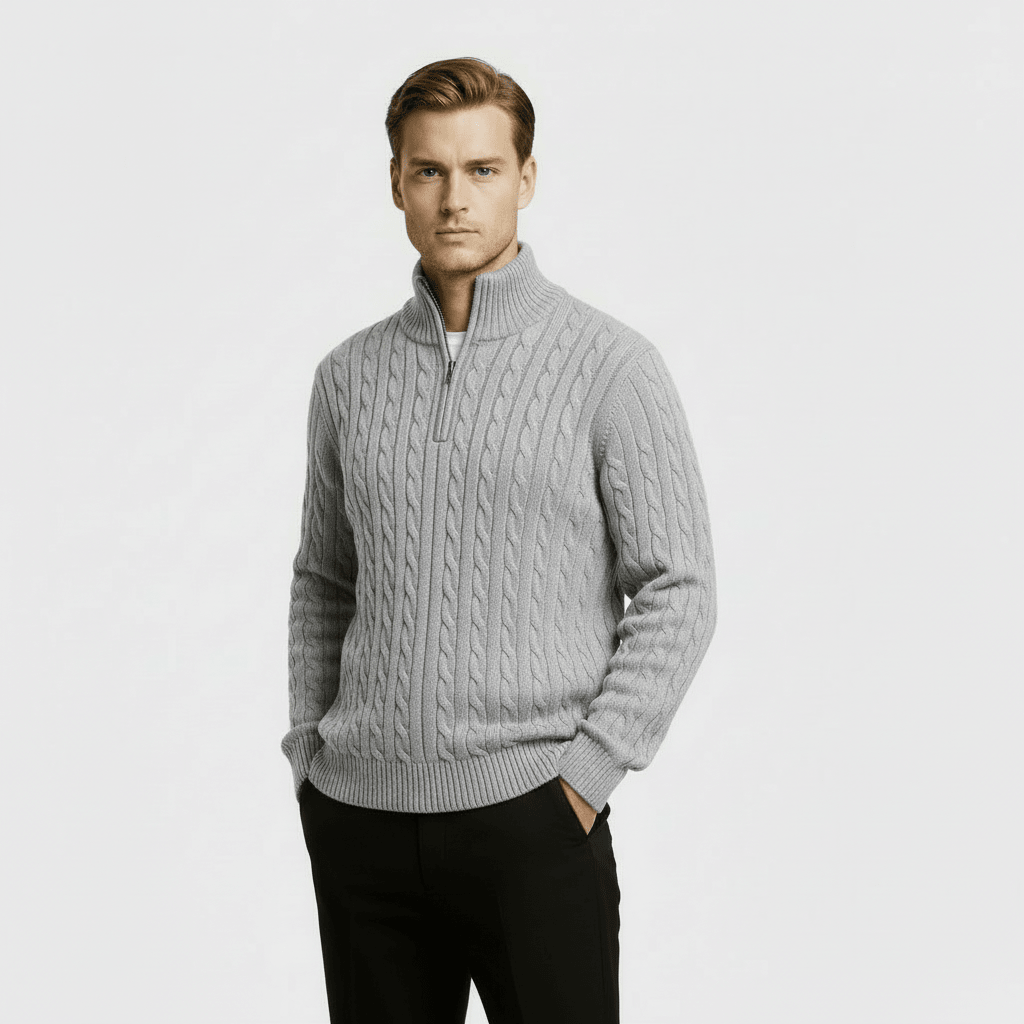 Mens Cable Knit Quarter Zip Jumper With Stand Collar - Nalani - UK Fashion Clothing and Decor