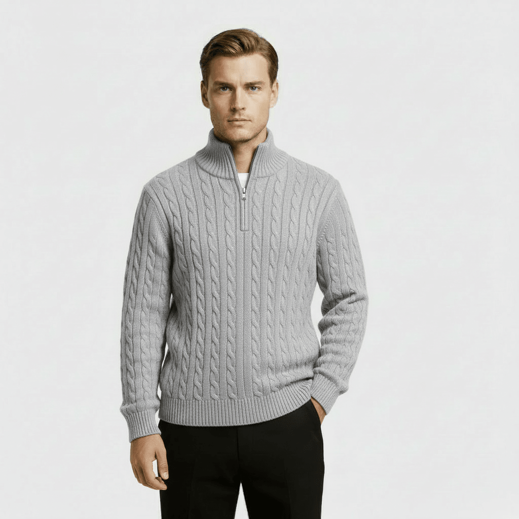 Mens Cable Knit Quarter Zip Jumper With Stand Collar - Nalani - UK Fashion Clothing and Decor