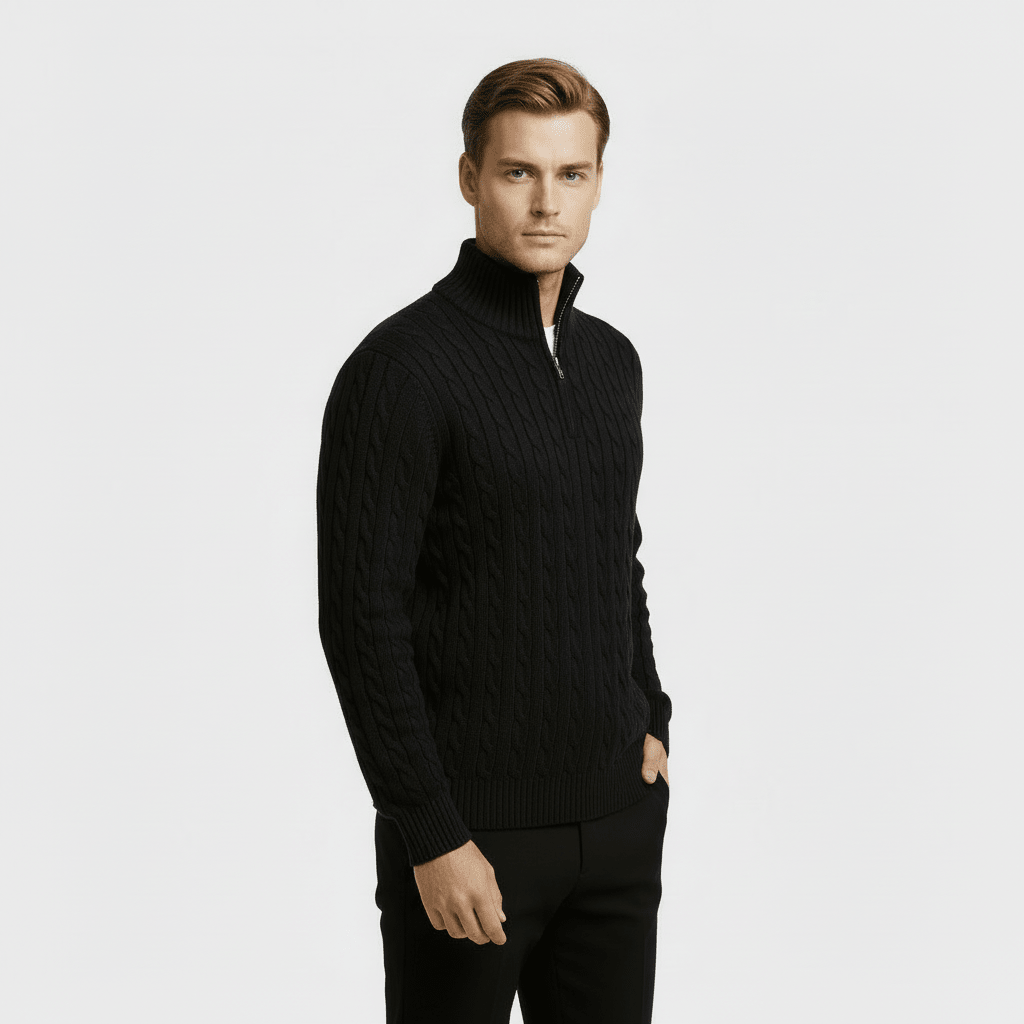 Mens Cable Knit Quarter Zip Jumper With Stand Collar - Nalani - UK Fashion Clothing and Decor