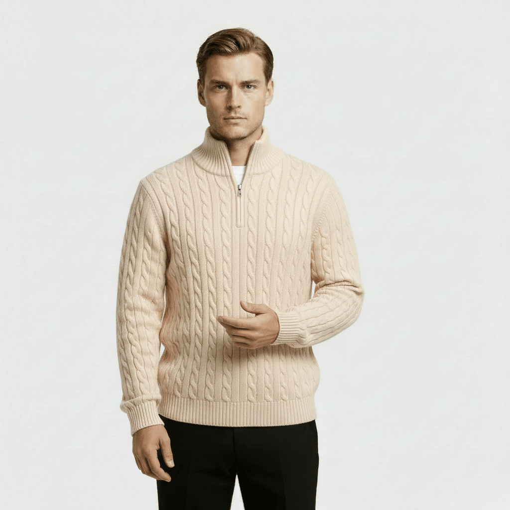 Mens Cable Knit Quarter Zip Jumper With Stand Collar - Nalani - UK Fashion Clothing and Decor