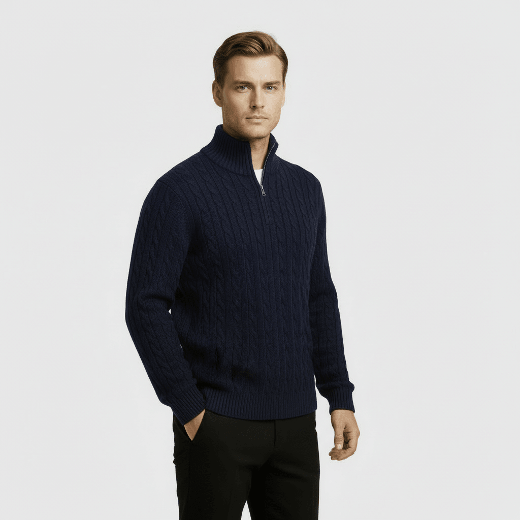 Mens Cable Knit Quarter Zip Jumper With Stand Collar - Nalani - UK Fashion Clothing and Decor