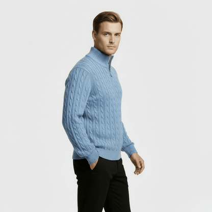 Mens Cable Knit Quarter Zip Jumper With Stand Collar - Nalani - UK Fashion Clothing and Decor