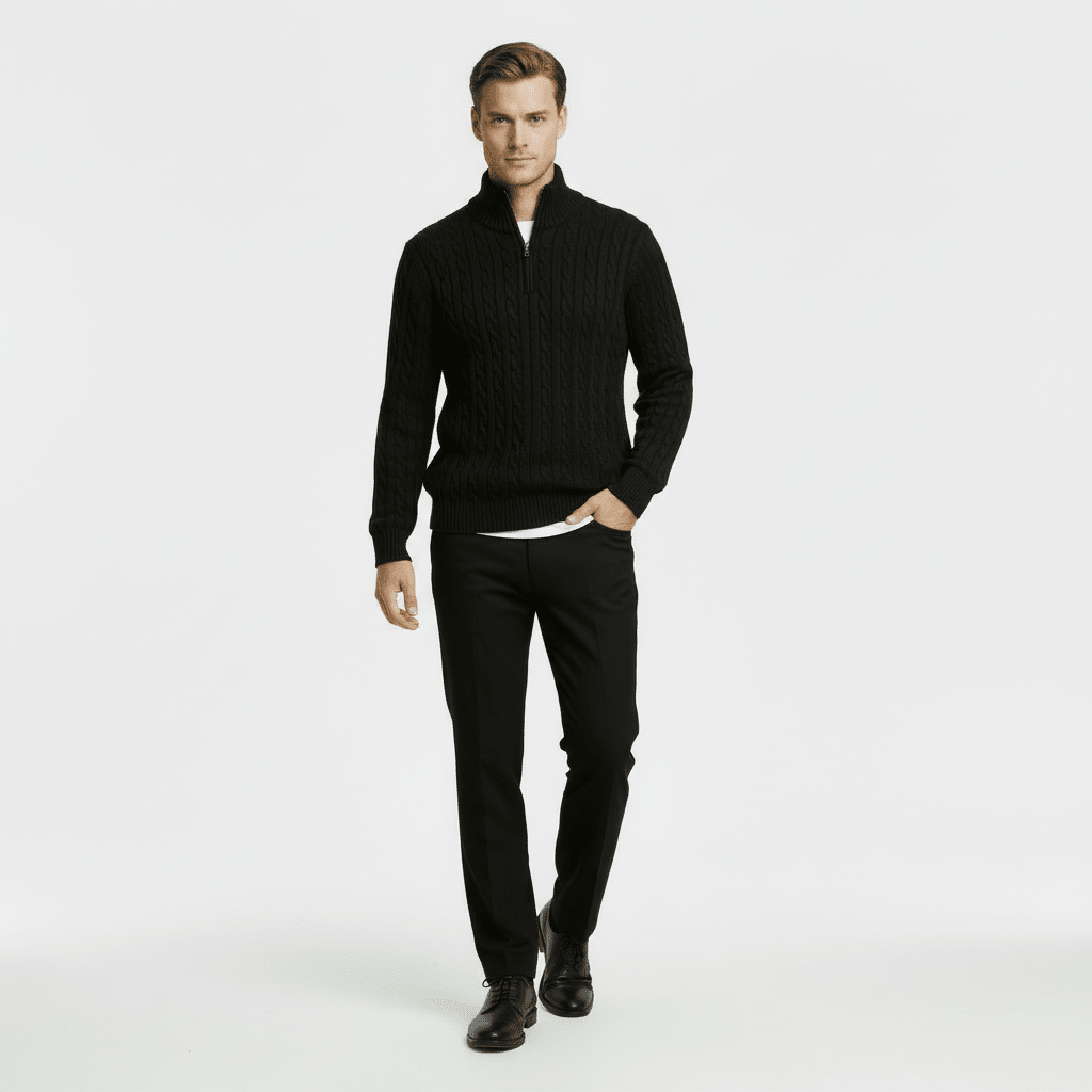 Mens Cable Knit Quarter Zip Jumper With Stand Collar - Nalani - UK Fashion Clothing and Decor