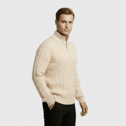 Mens Cable Knit Quarter Zip Jumper With Stand Collar - Nalani - UK Fashion Clothing and Decor