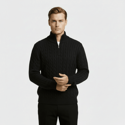 Mens Cable Knit Quarter Zip Jumper With Stand Collar - Nalani - UK Fashion Clothing and Decor