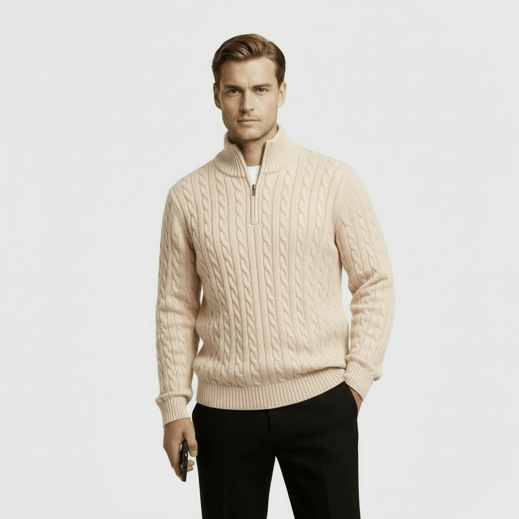 Mens Cable Knit Quarter Zip Jumper With Stand Collar - Nalani - UK Fashion Clothing and Decor