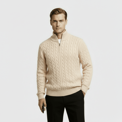 Mens Cable Knit Quarter Zip Jumper With Stand Collar - Nalani - UK Fashion Clothing and Decor